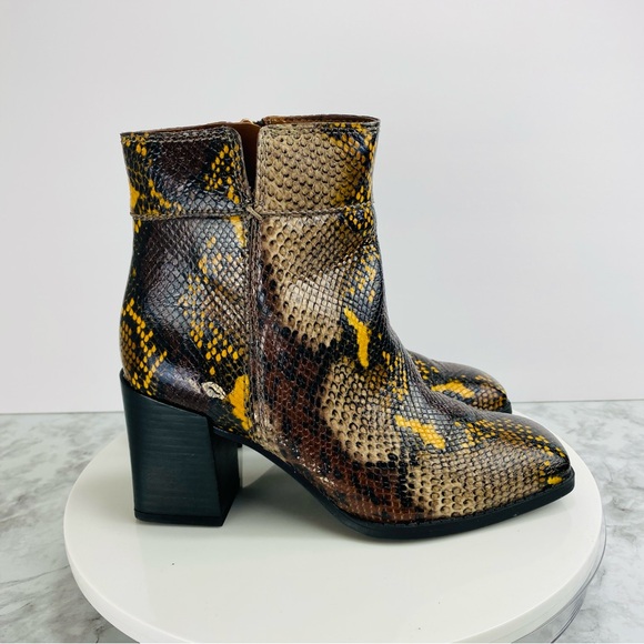Franco Sarto Leather Ankle Boots 6.5 Lizzard Brown Yellow Zip Block Heel Square - Picture 1 of 7